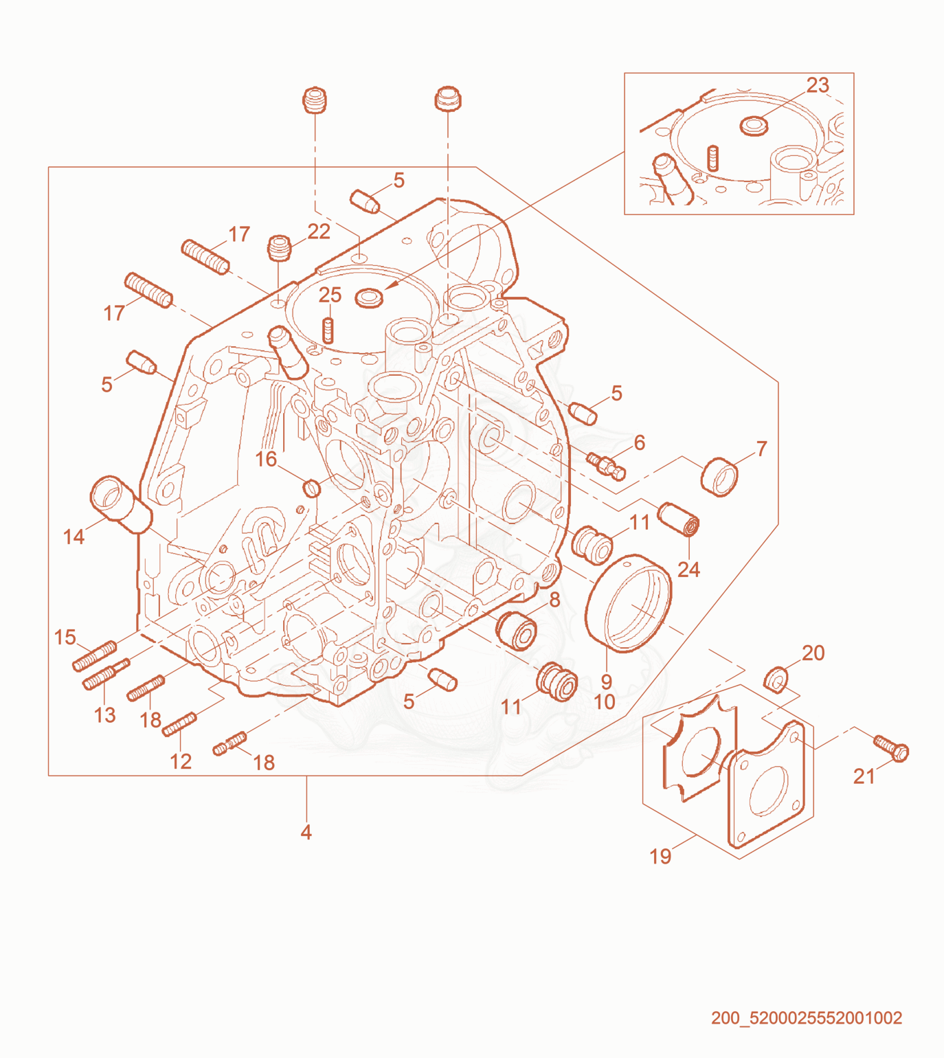 Exploded parts diagram of the Crankcase cpl. of a Wacker Neuson RD7HE, with numbered balloons