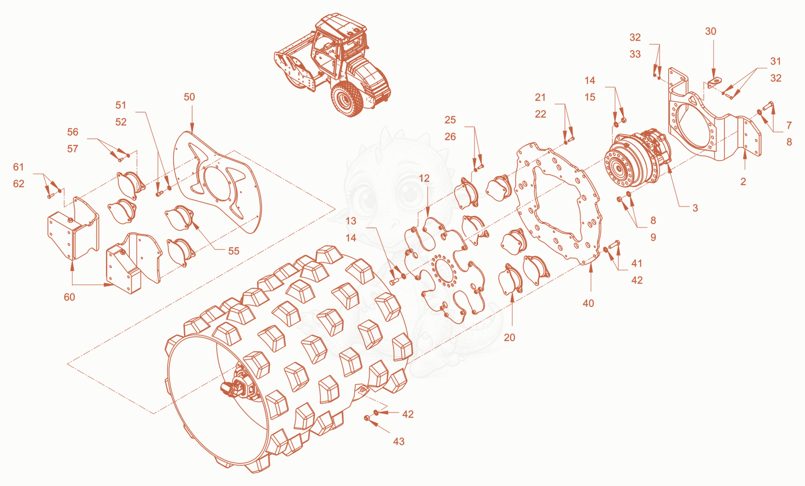 Exploded parts diagram of the Suspension (Roller Drum) of a Wacker Neuson RC50PUS, with numbered balloons