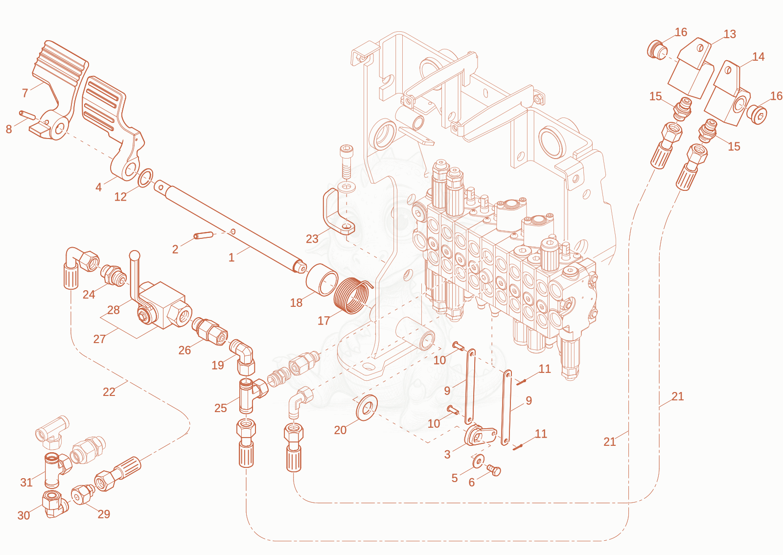 Exploded parts diagram of the Auxiliary hydr double action (Option) of a Wacker Neuson 803-2, with numbered balloons