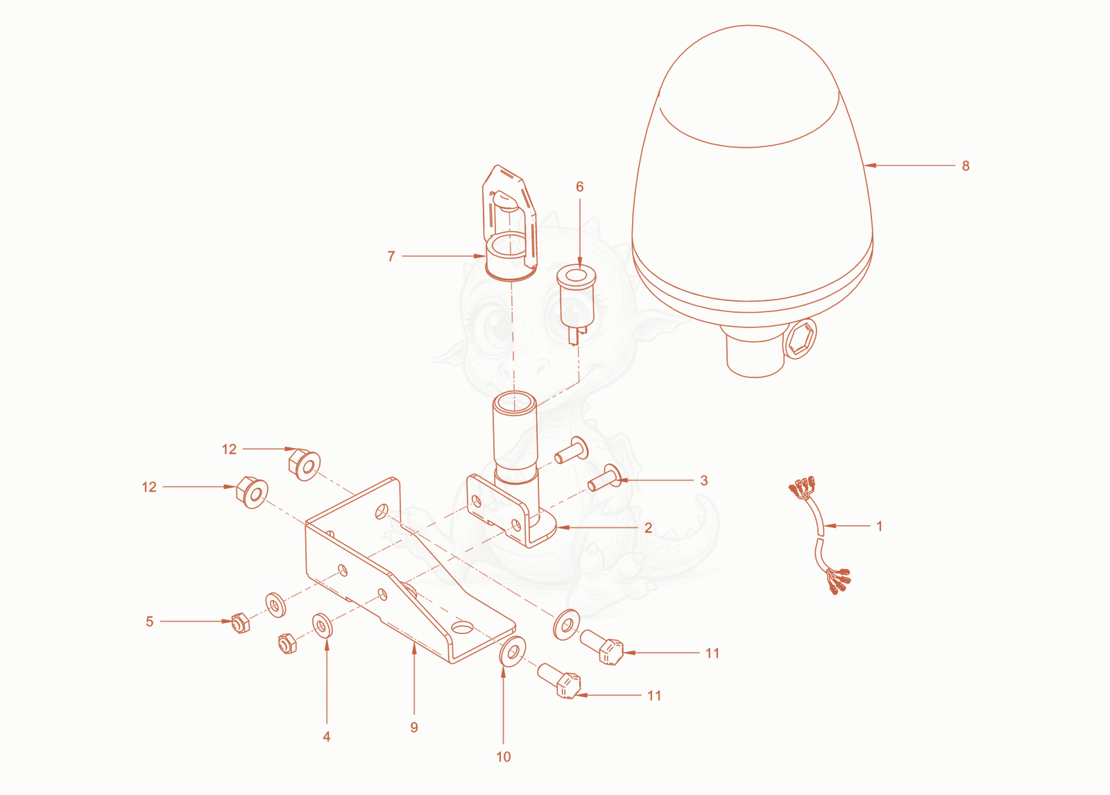 Exploded parts diagram of the rotary beacon of a Wacker Neuson RC70DPFROPS, with numbered balloons