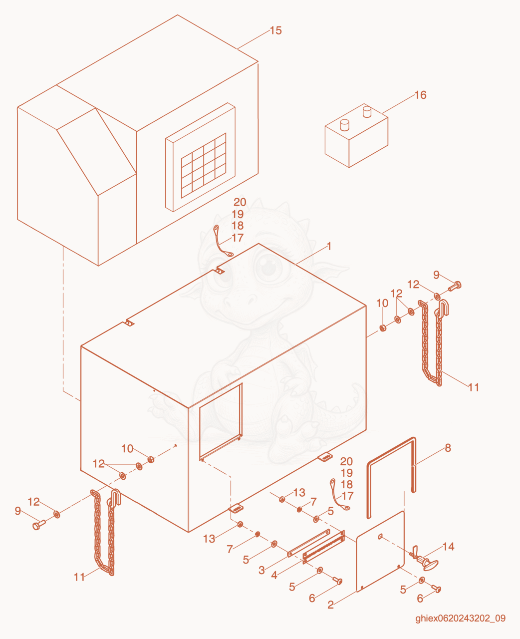 Exploded parts diagram of the Genset Enclosure cpl. of a Wacker Neuson HSH650, with numbered balloons