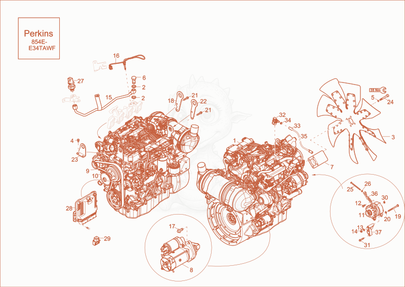 Exploded parts diagram of the diesel engine of a Wacker Neuson DW90, with numbered balloons