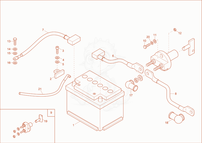 Exploded parts diagram of the battery of a Wacker Neuson EZ38, with numbered balloons