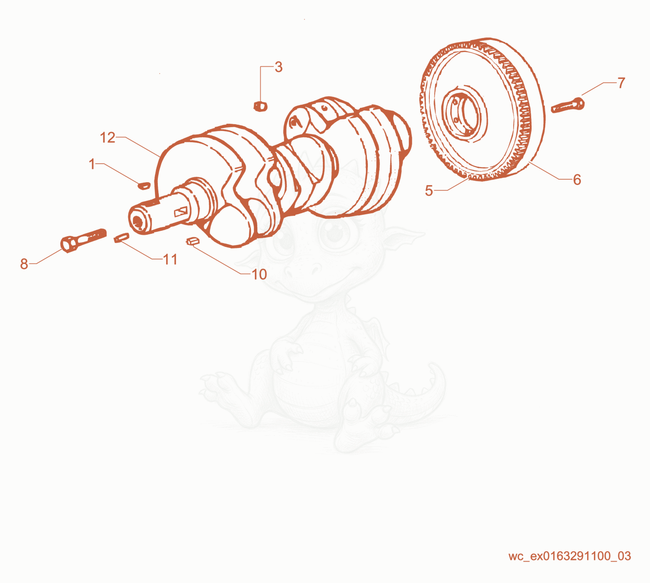 Exploded parts diagram of the Crankshaft/Flywheel of a Wacker Neuson RD16-90, with numbered balloons