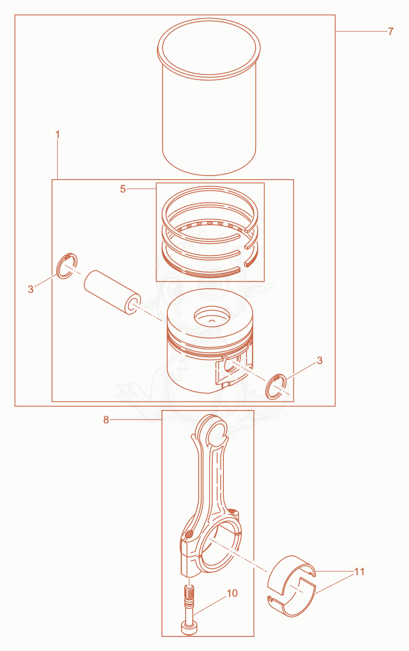 Exploded parts diagram of the Piston, Connecting rod,Cylinder of a Wacker Neuson DPU3760HTS, with numbered balloons