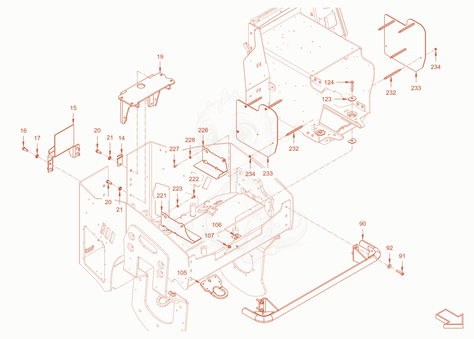 Exploded parts diagram of the main frame and assemblies of a Wacker Neuson RD24-100CE, with numbered balloons