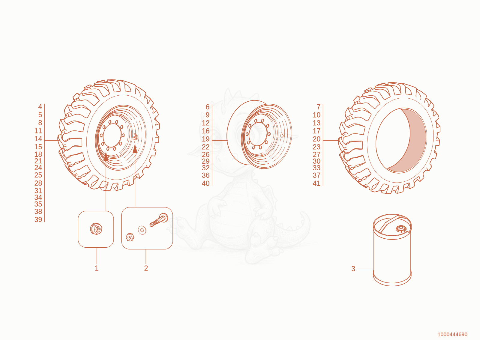 Exploded parts diagram of the tyre of a Wacker Neuson TH745(416-32), with numbered balloons