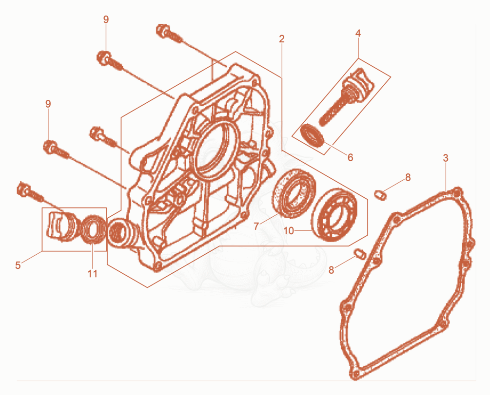 Exploded parts diagram of the Crankcase cover of a Wacker Neuson VP2050AWUS, with numbered balloons