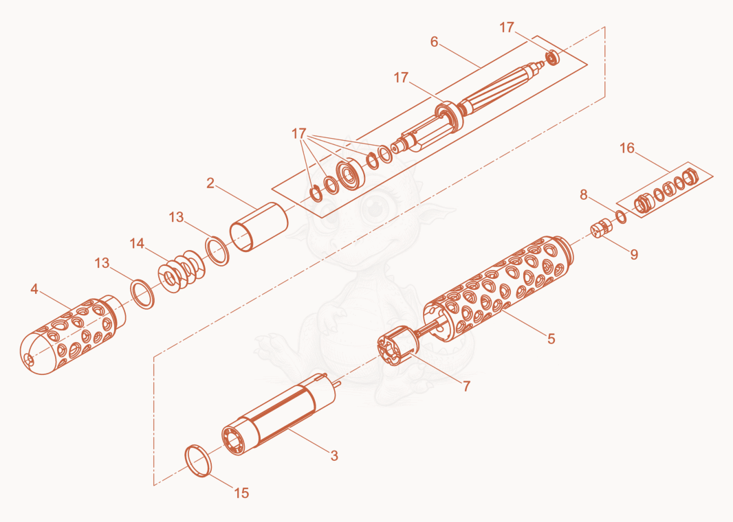Exploded parts diagram of the Internal Vibrator cpl. of a Wacker Neuson IRFLEX60/120/10HRUS, with numbered balloons
