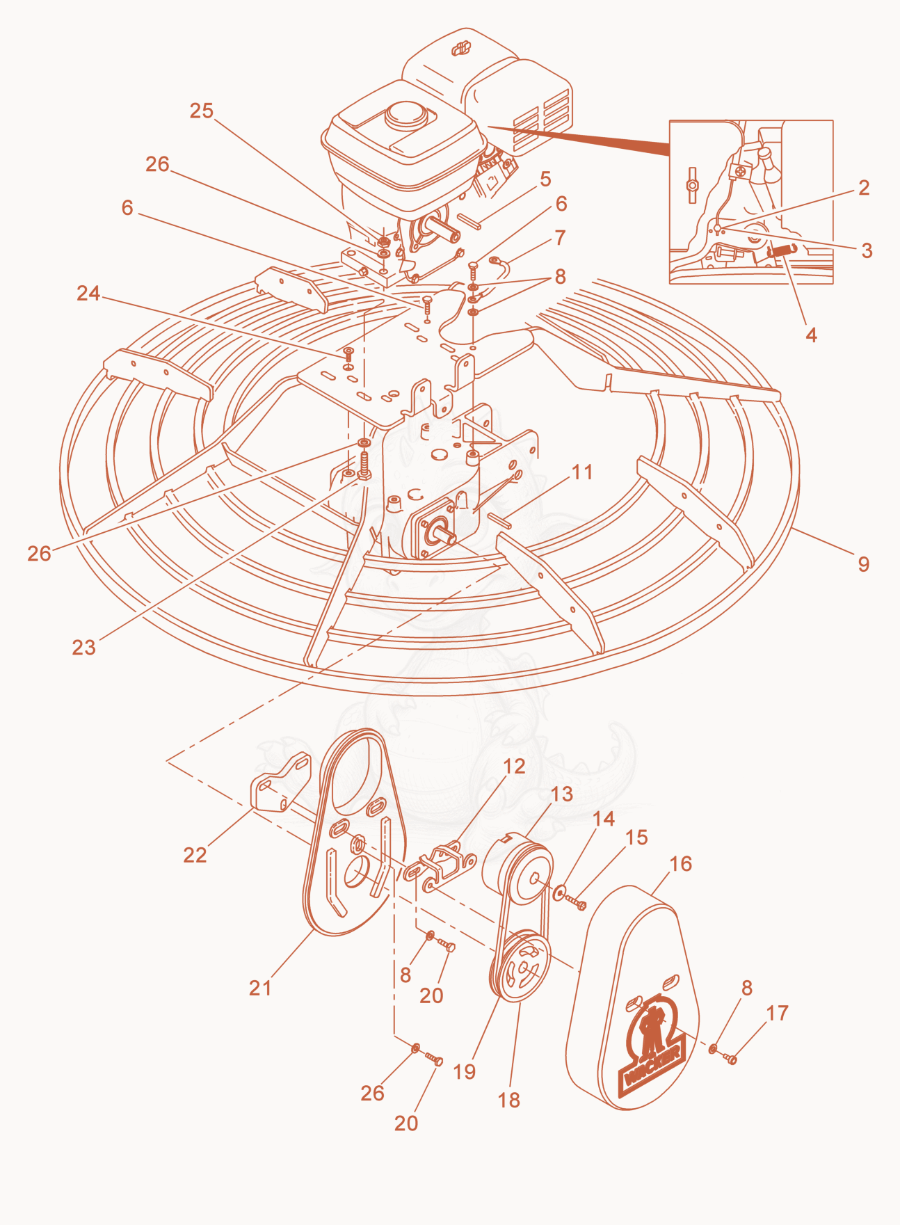 Exploded parts diagram of the Drive System/Engine of a Wacker Neuson CT48AGP, with numbered balloons