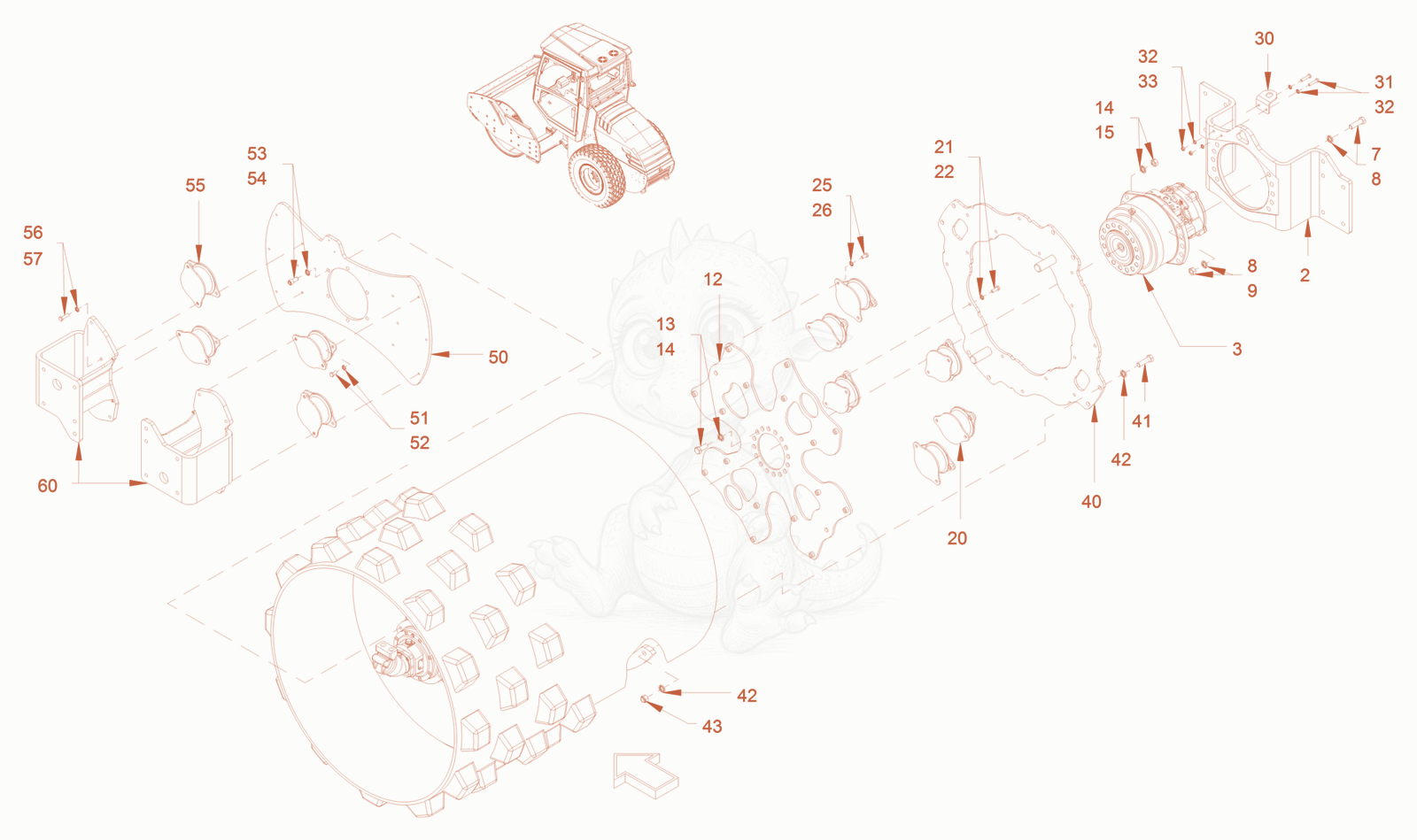 Exploded parts diagram of the mounting of a Wacker Neuson RC70P, with numbered balloons