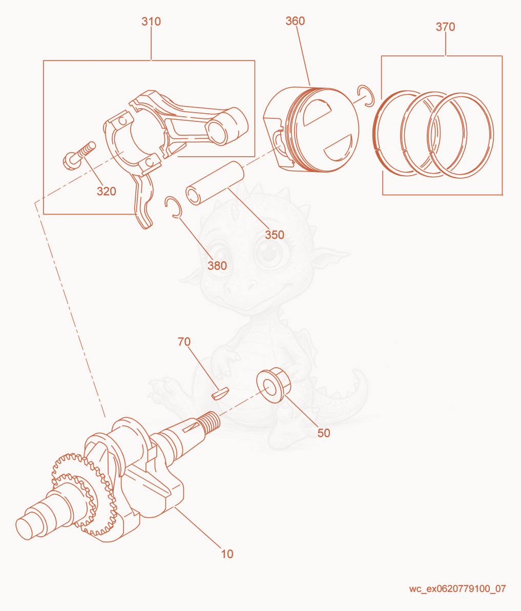 Exploded parts diagram of the Piston/Crankshaft of a Wacker Neuson GPI3200, with numbered balloons