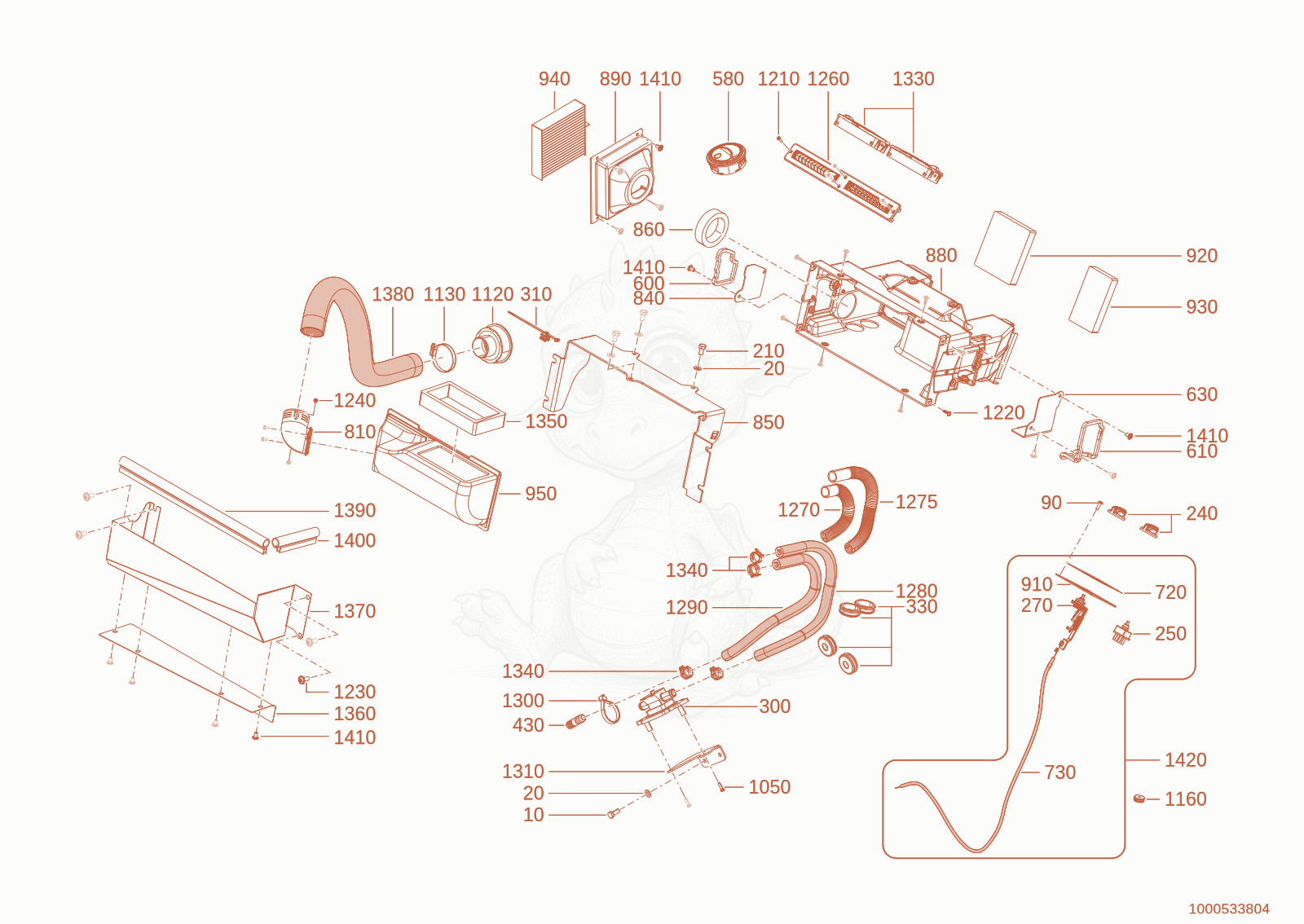 Exploded parts diagram of the heating/air condition system of a Wacker Neuson TH625(T06-01), with numbered balloons
