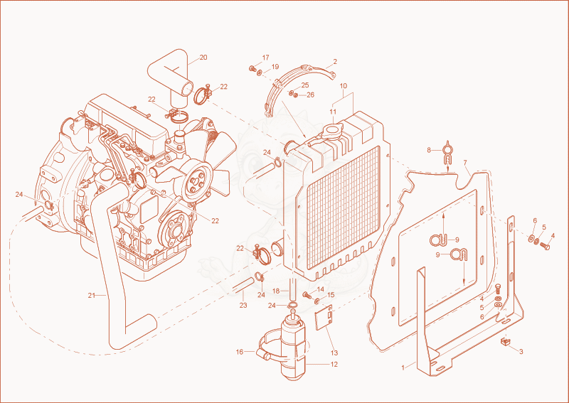 Exploded parts diagram of the water cooler of a Wacker Neuson 1502RDFORCE, with numbered balloons