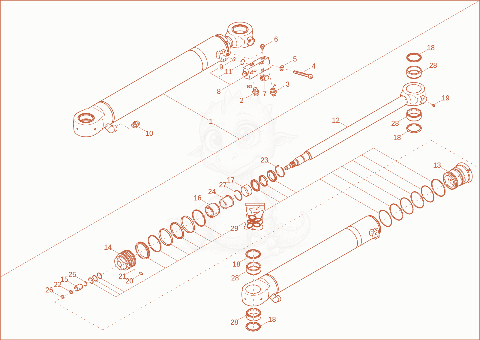 Exploded parts diagram of the BOOM OFFSET CYLINDER of a Wacker Neuson ET90, with numbered balloons