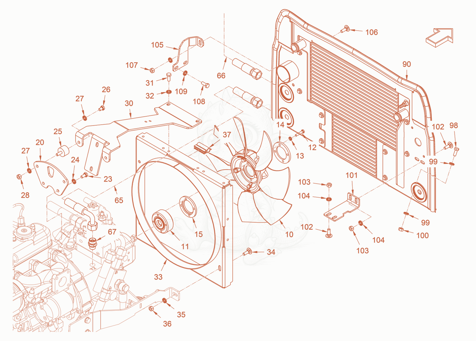Exploded parts diagram of the cooling (engine/hydraulic oil) of a Wacker Neuson RD18-100.3, with numbered balloons