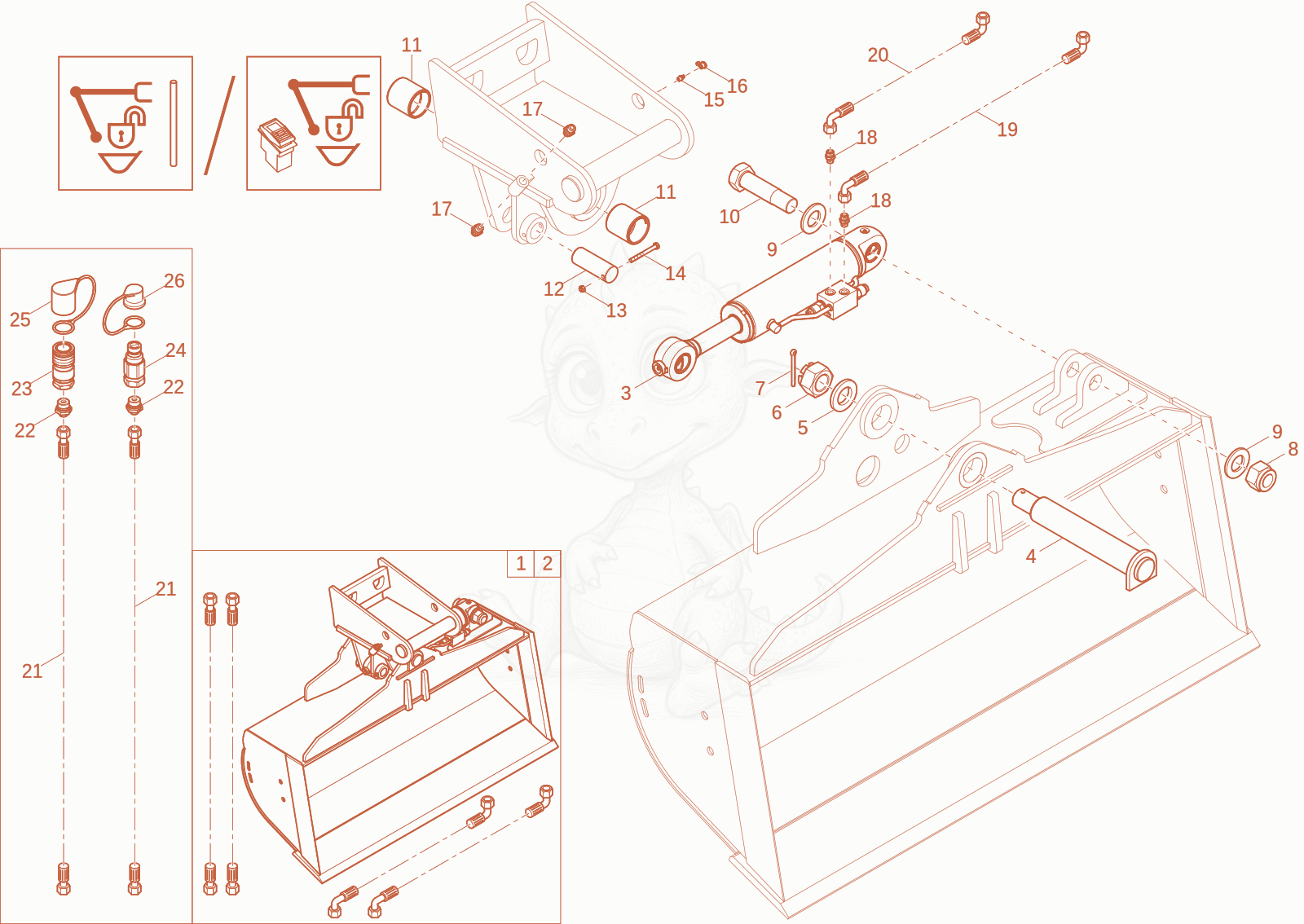 Exploded parts diagram of the tilting bucket QHS (option) of a Wacker Neuson EW100-2, with numbered balloons
