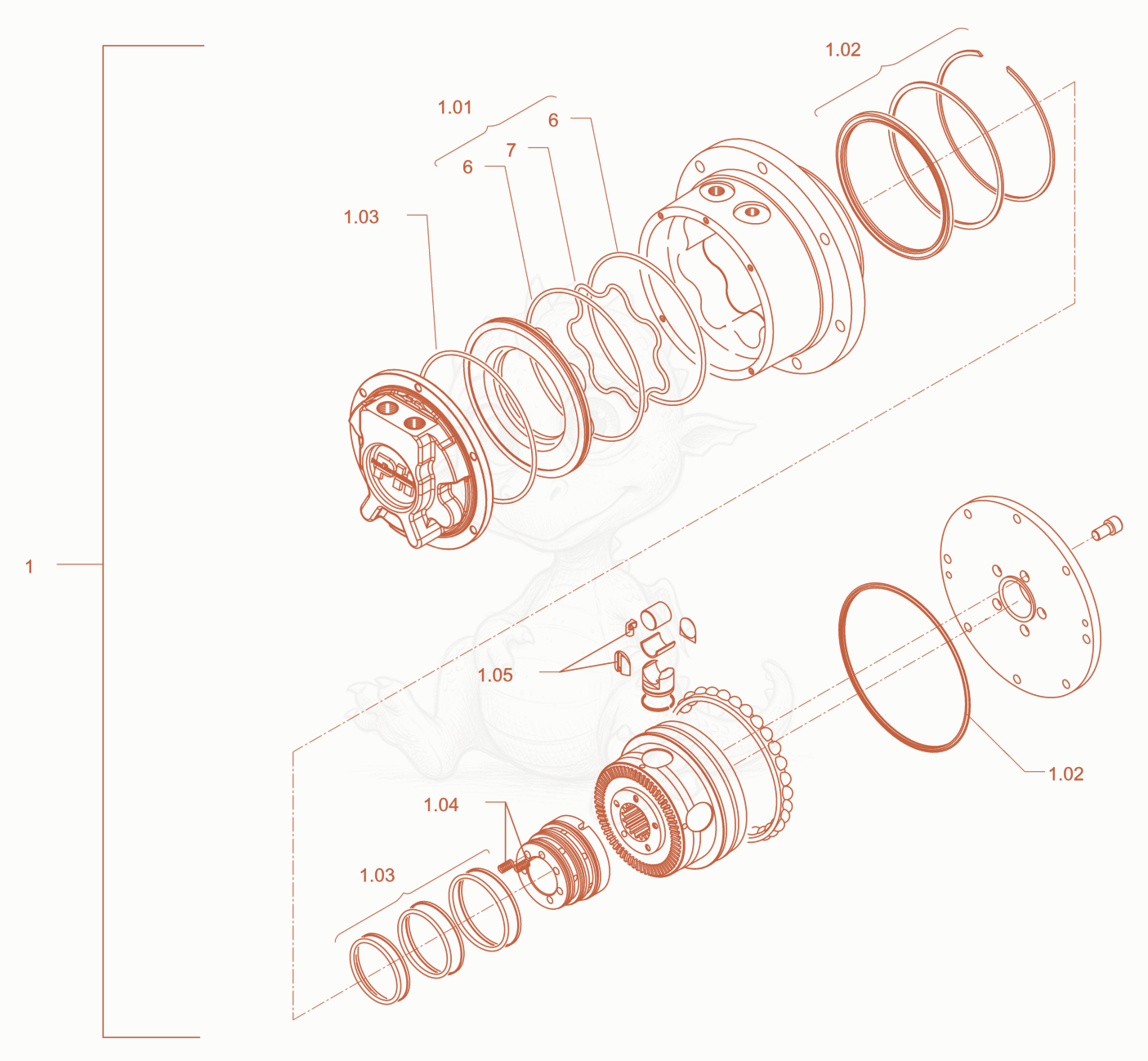 Exploded parts diagram of the gear hub motor of a Wacker Neuson RD24-100CUS, with numbered balloons