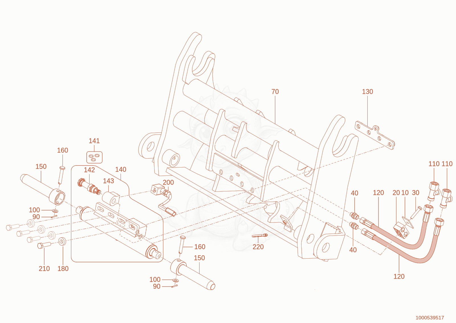 Exploded parts diagram of the quickhitch plate of a Wacker Neuson TH625(T06-01), with numbered balloons