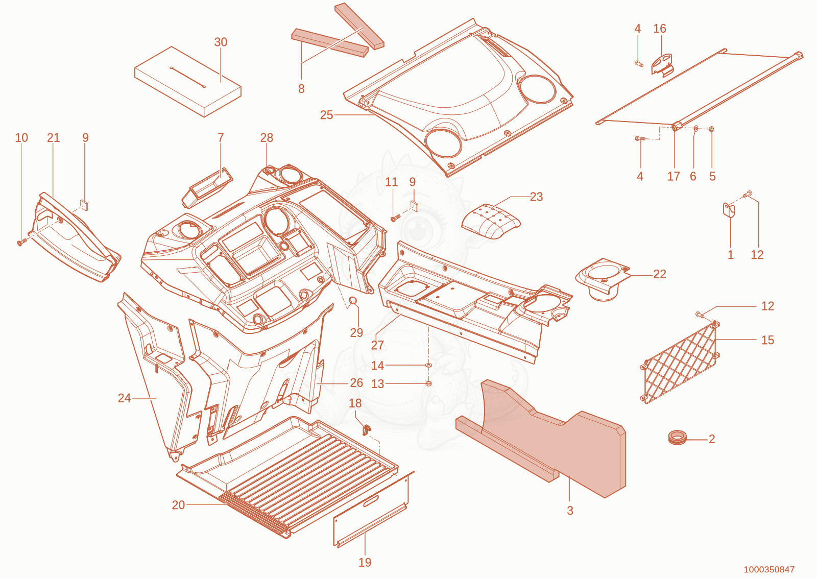 Exploded parts diagram of the trim of a Wacker Neuson TH627(418-02), with numbered balloons