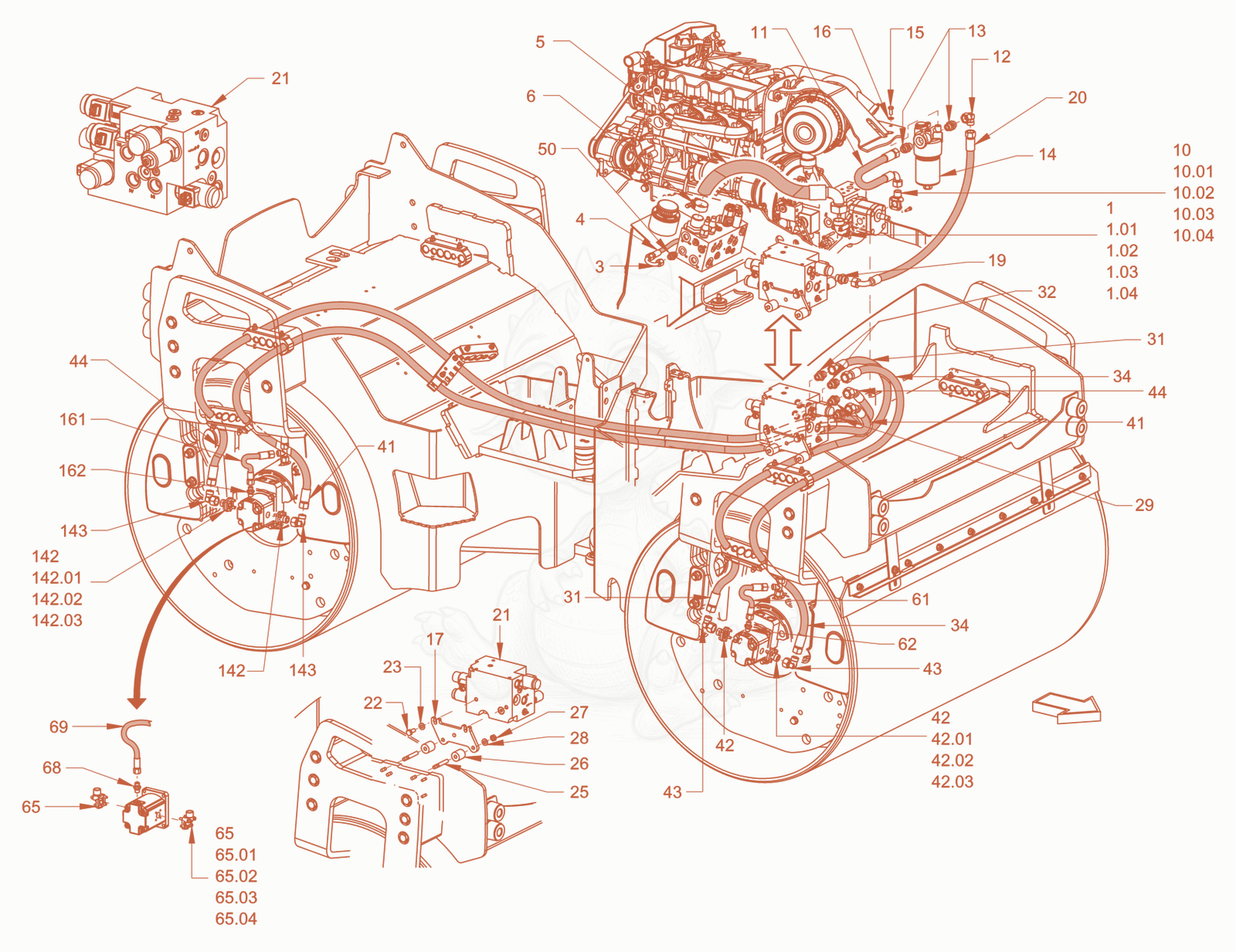 Exploded parts diagram of the vibration drive of a Wacker Neuson RD40-130.3, with numbered balloons