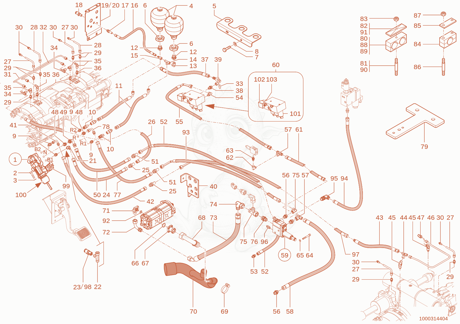 Exploded parts diagram of the service brake of a Wacker Neuson TH744(416-02), with numbered balloons