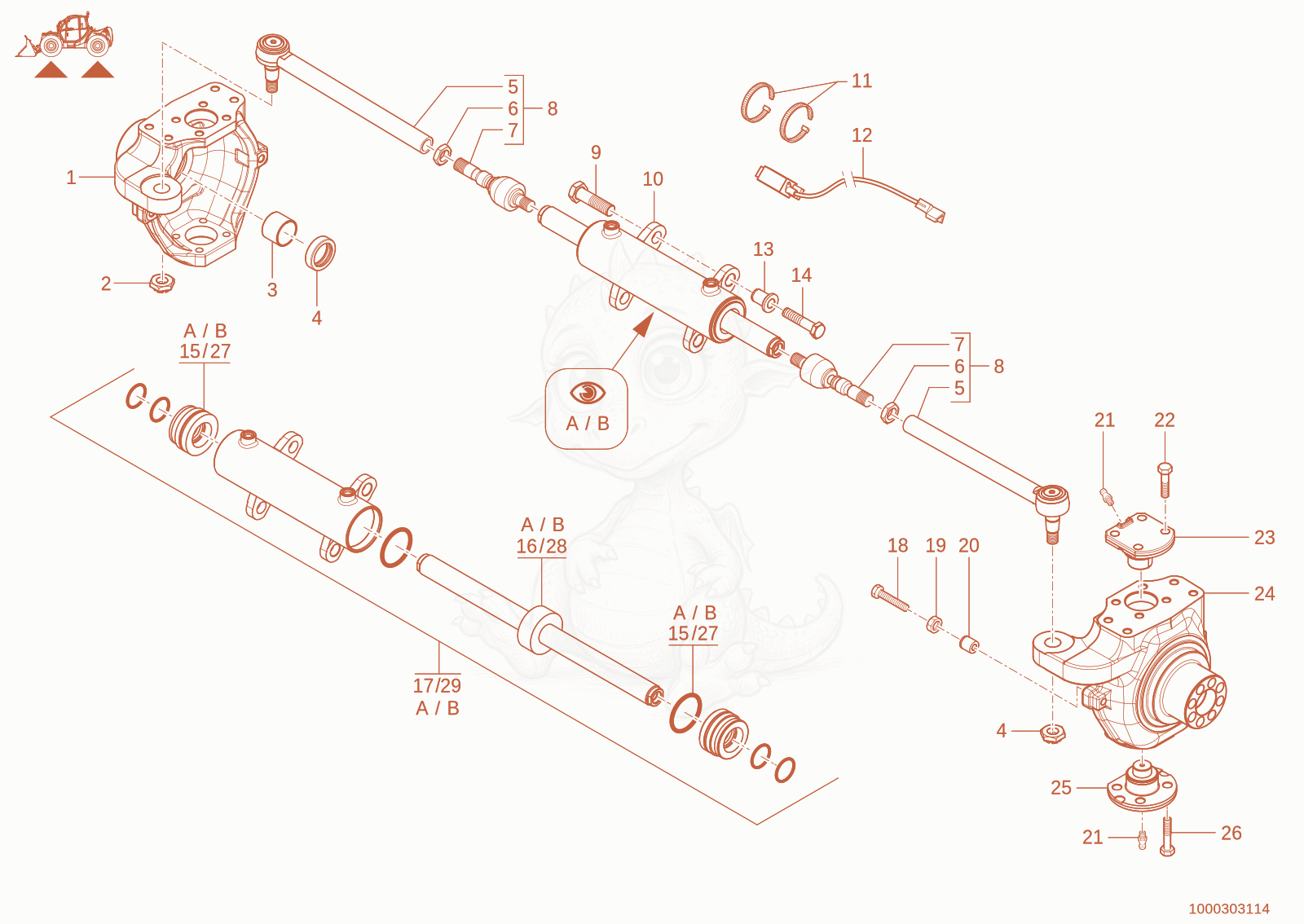 Exploded parts diagram of the steering cylinder of a Wacker Neuson TH955(416-06), with numbered balloons