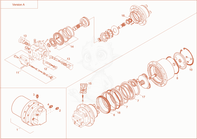 Exploded parts diagram of the TRAVELLING GEAR (MAG44) of a Wacker Neuson 8003, with numbered balloons
