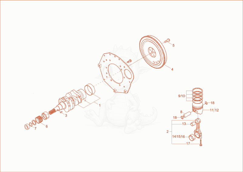 Exploded parts diagram of the crankshaft, piston of a Wacker Neuson DT08PRO, with numbered balloons