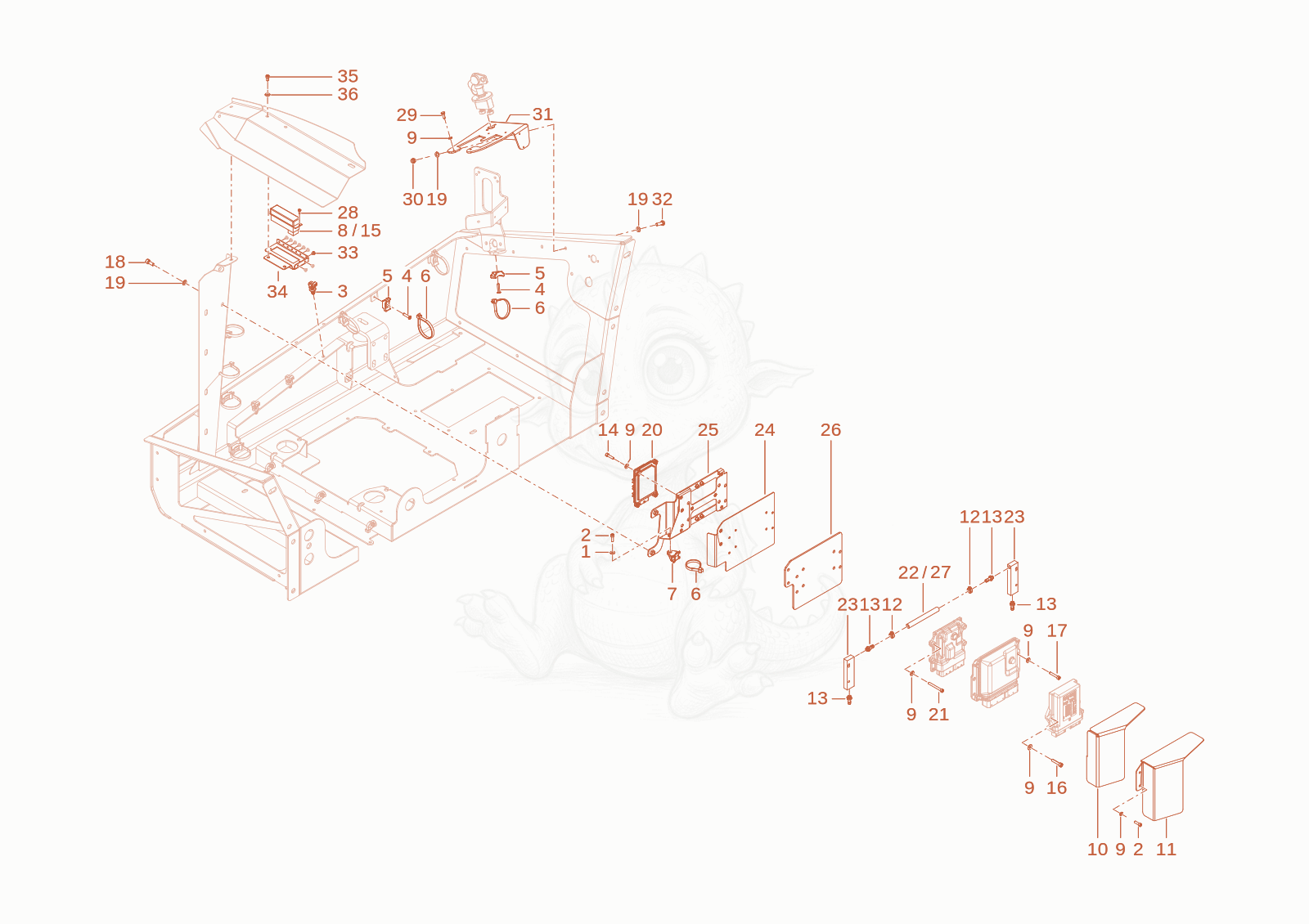 Exploded parts diagram of the Electrical engine compartment of a Wacker Neuson TH522STAGEV, with numbered balloons
