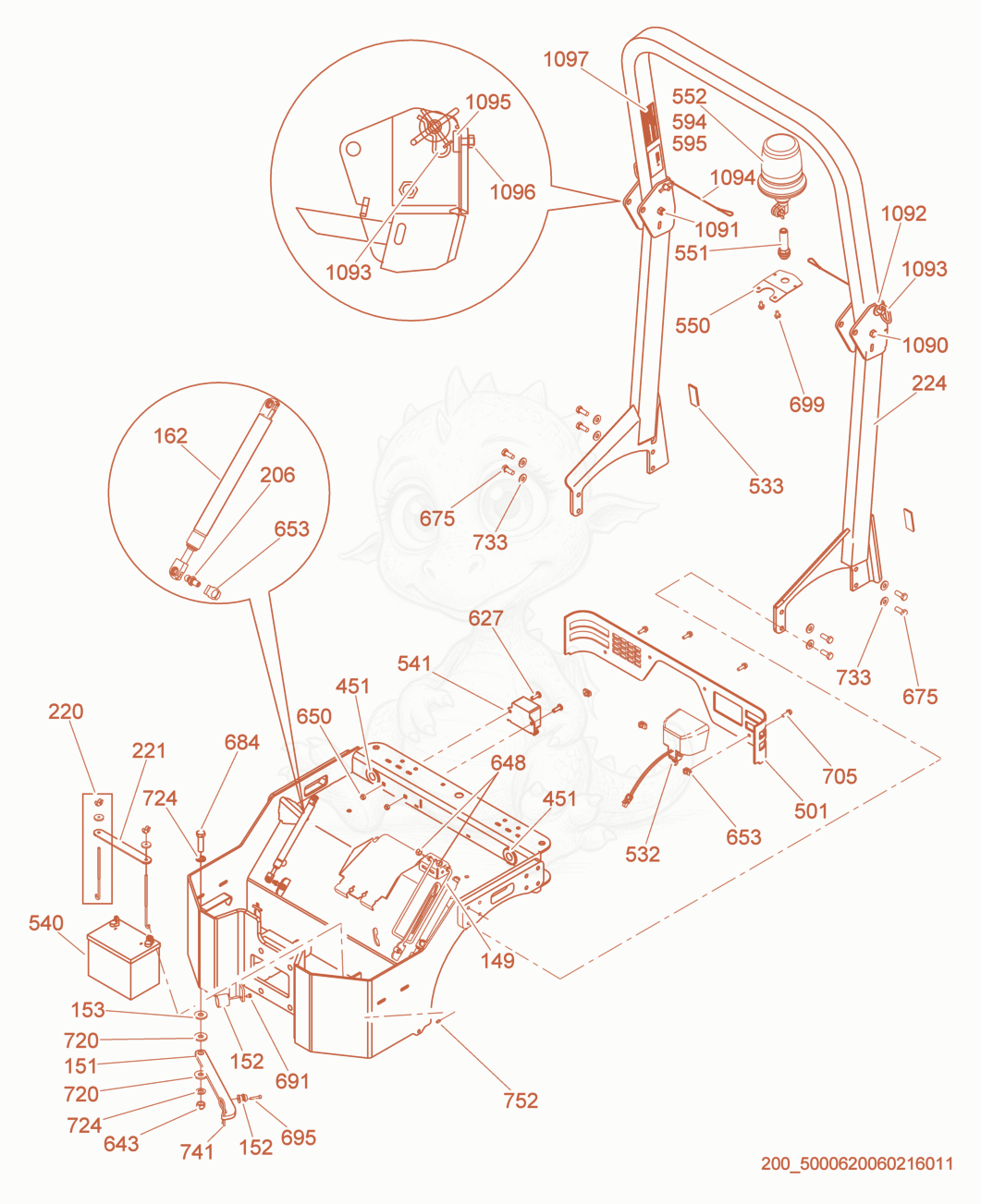 Exploded parts diagram of the ROPS/Battery of a Wacker Neuson RD16-90, with numbered balloons