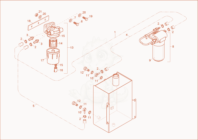 Exploded parts diagram of the fuel system of a Wacker Neuson 10001, with numbered balloons