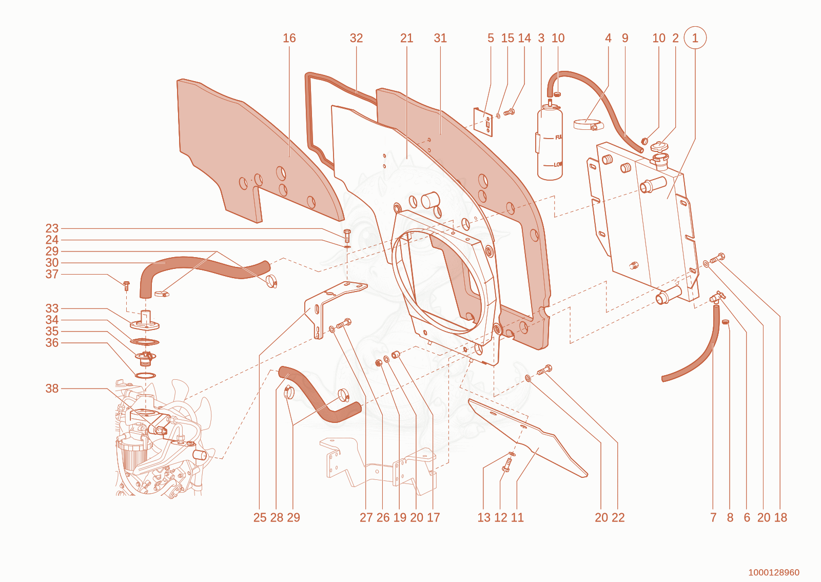 Exploded parts diagram of the cooling of a Wacker Neuson 280, with numbered balloons