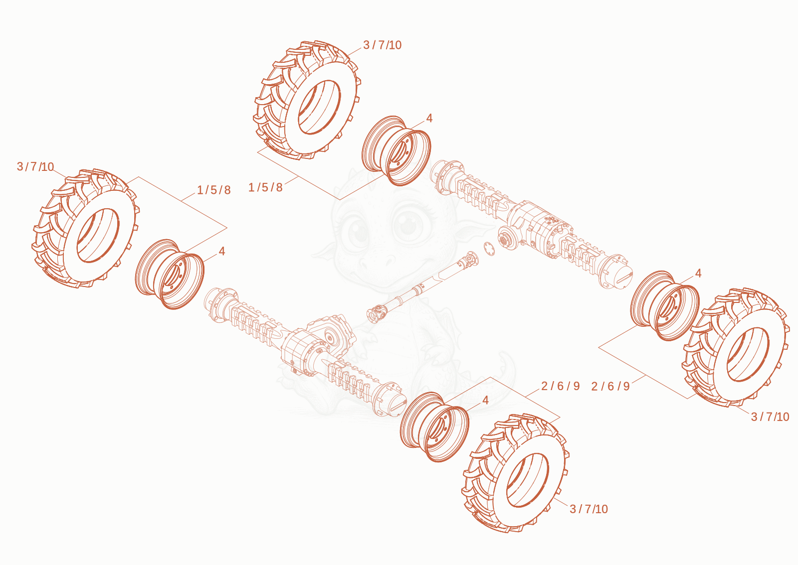 Exploded parts diagram of the WHEELS of a Wacker Neuson DW40-2, with numbered balloons