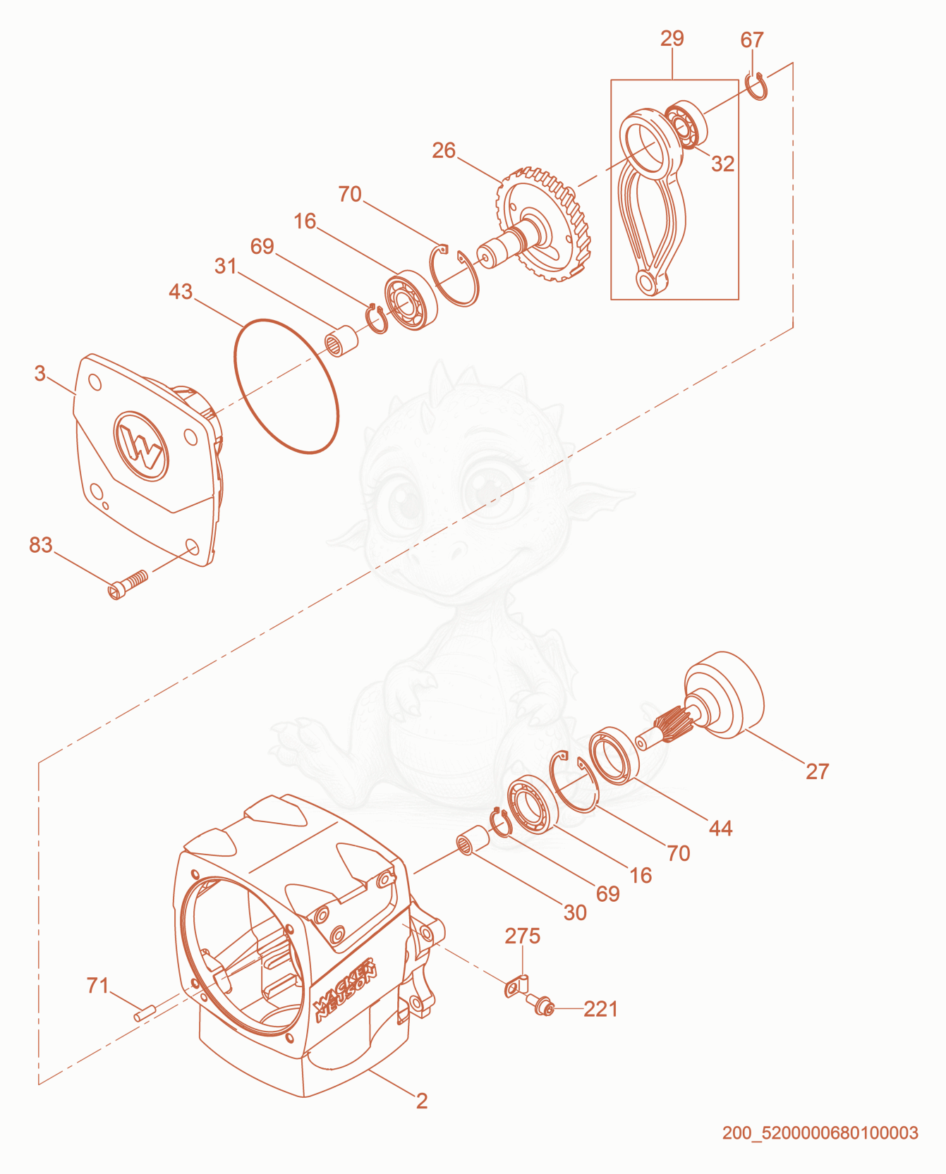 Exploded parts diagram of the Crankcase cpl. of a Wacker Neuson BS50-4S, with numbered balloons
