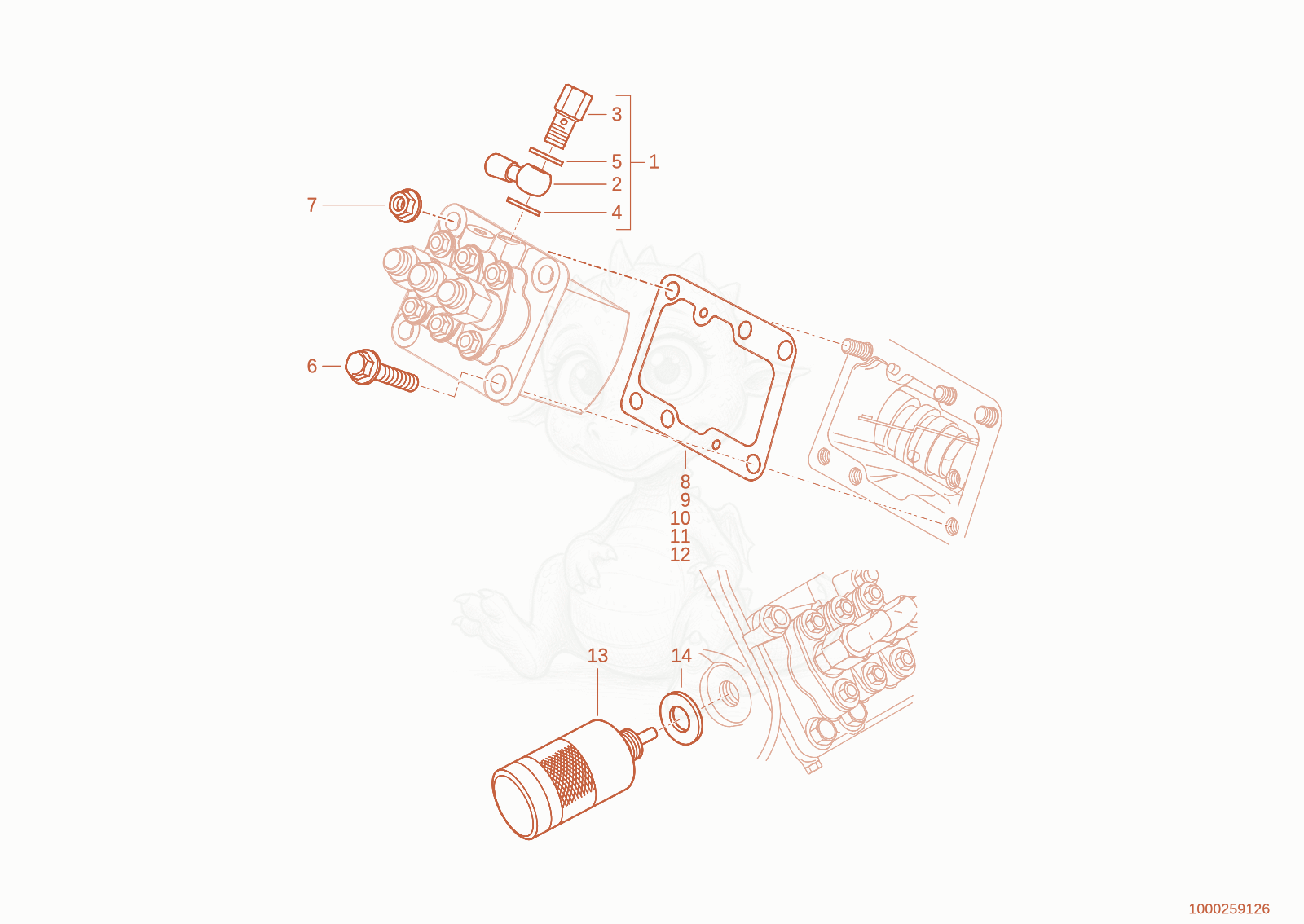 Exploded parts diagram of the fuel pump of a Wacker Neuson WL18, with numbered balloons
