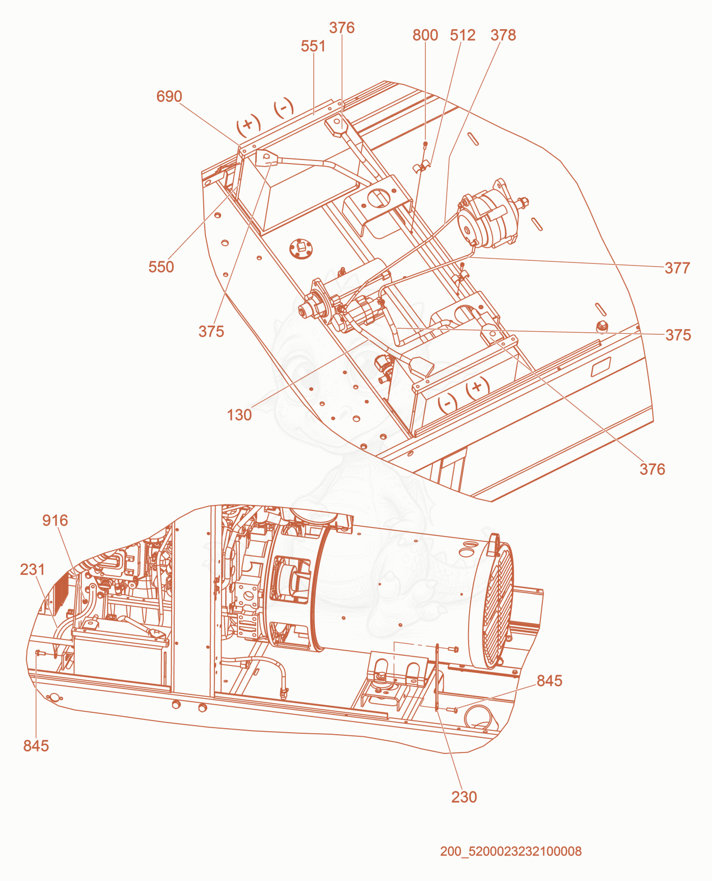 Exploded parts diagram of the Battery of a Wacker Neuson G130, with numbered balloons