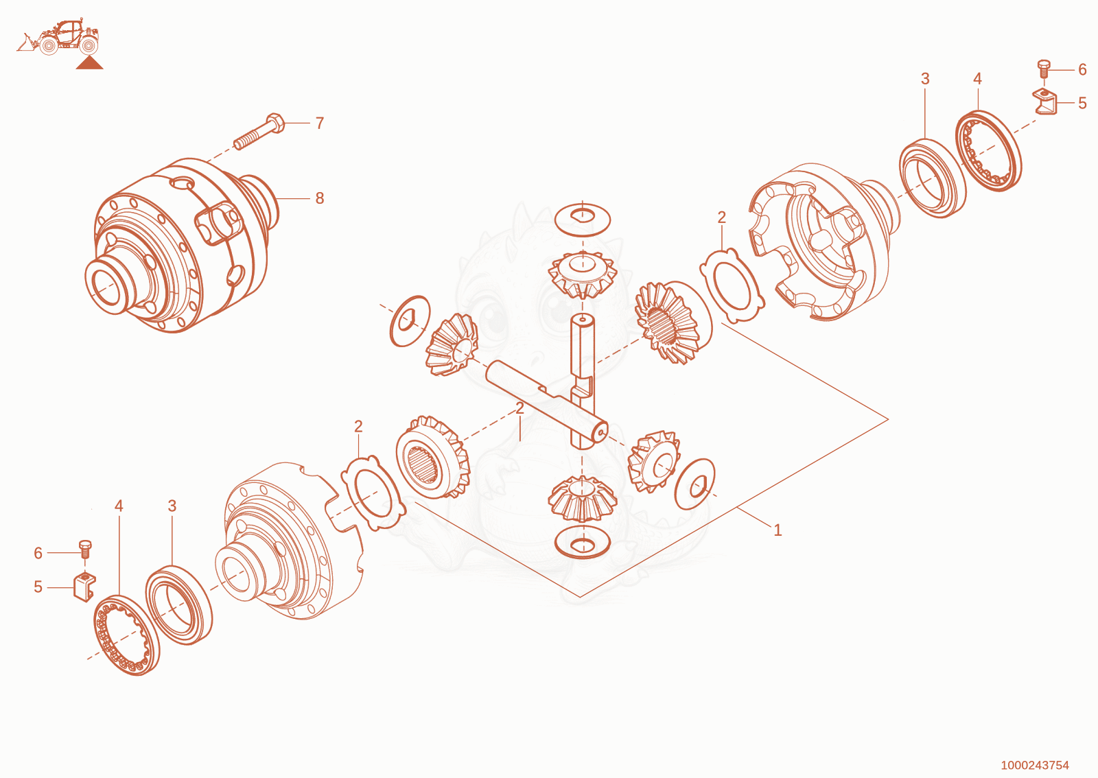 Exploded parts diagram of the differential of a Wacker Neuson TH735(415-06), with numbered balloons