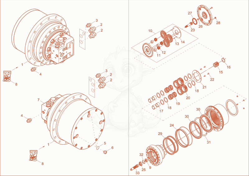 Exploded parts diagram of the drive unit of a Wacker Neuson ET145, with numbered balloons