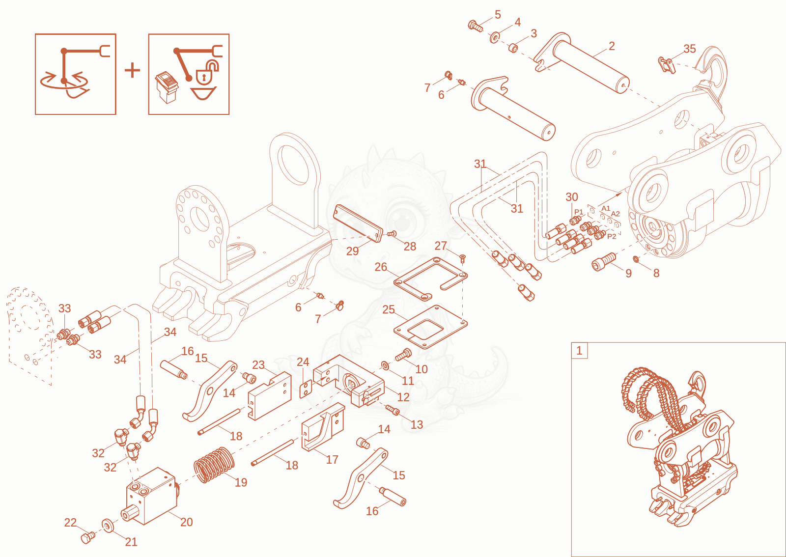 Exploded parts diagram of the Easy Lock Powertlit load hook (Option) of a Wacker Neuson ET42, with numbered balloons