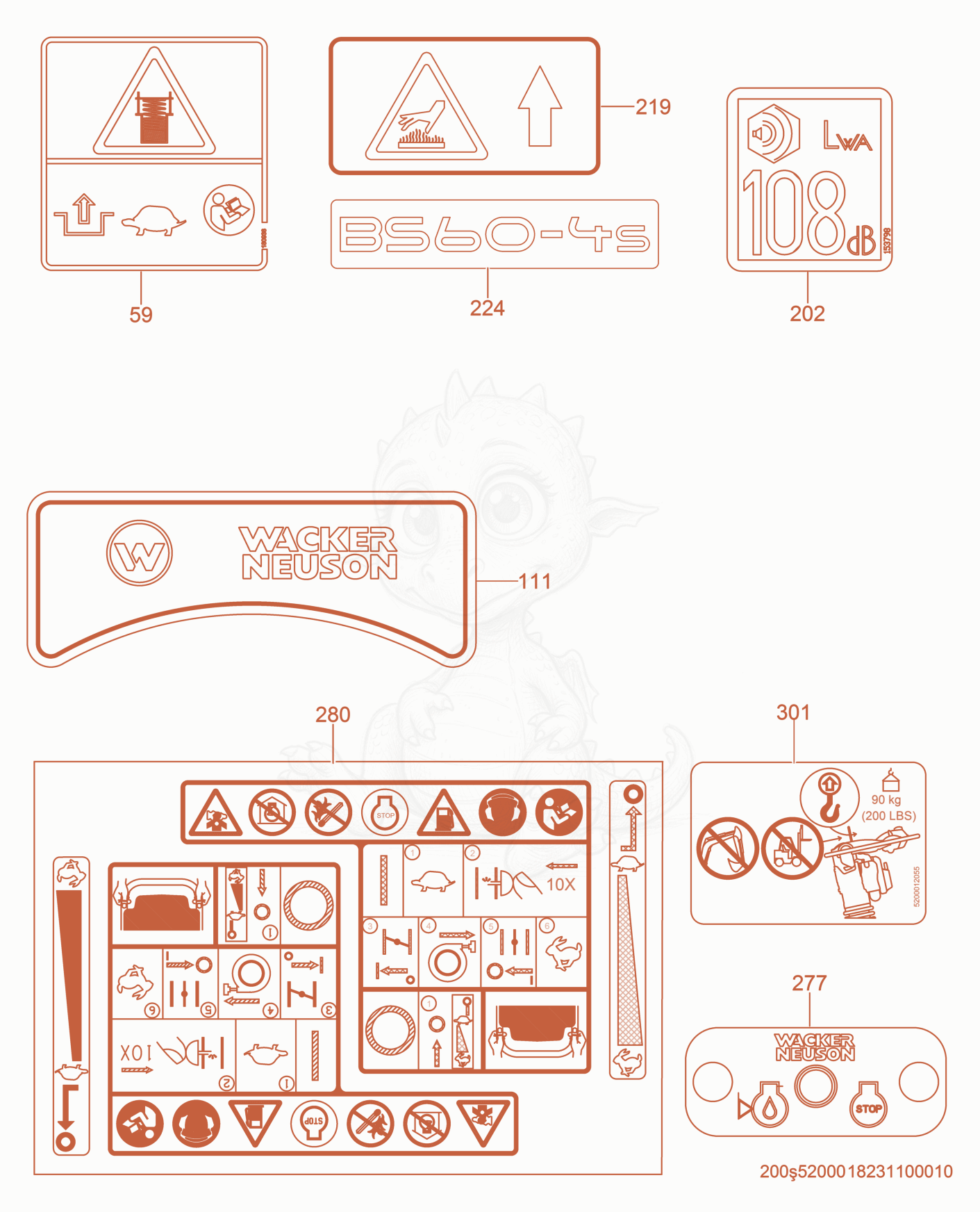 Despiece del Labels de una máquina Wacker Neuson BS60-4AS, con globos numerados