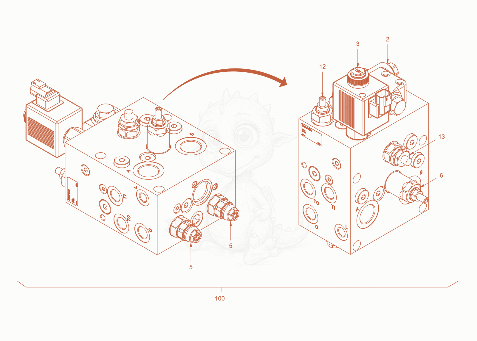 Exploded parts diagram of the feeding pressure valve of a Wacker Neuson RD24-100CE, with numbered balloons