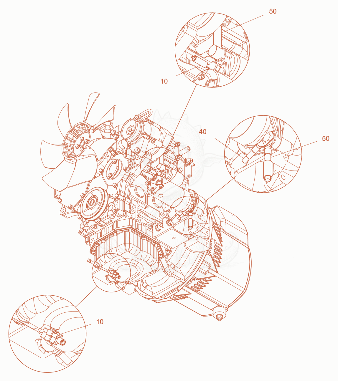 Exploded parts diagram of the cabling , engine of a Wacker Neuson LTN5Y, with numbered balloons