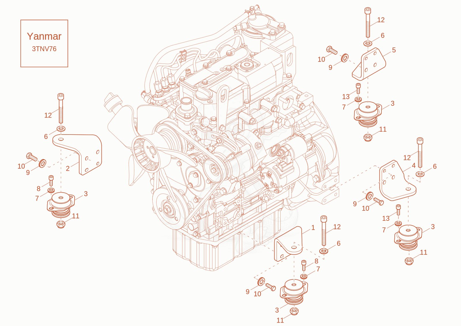 Exploded parts diagram of the ENGINE BEDDING of a Wacker Neuson DW20-2, with numbered balloons