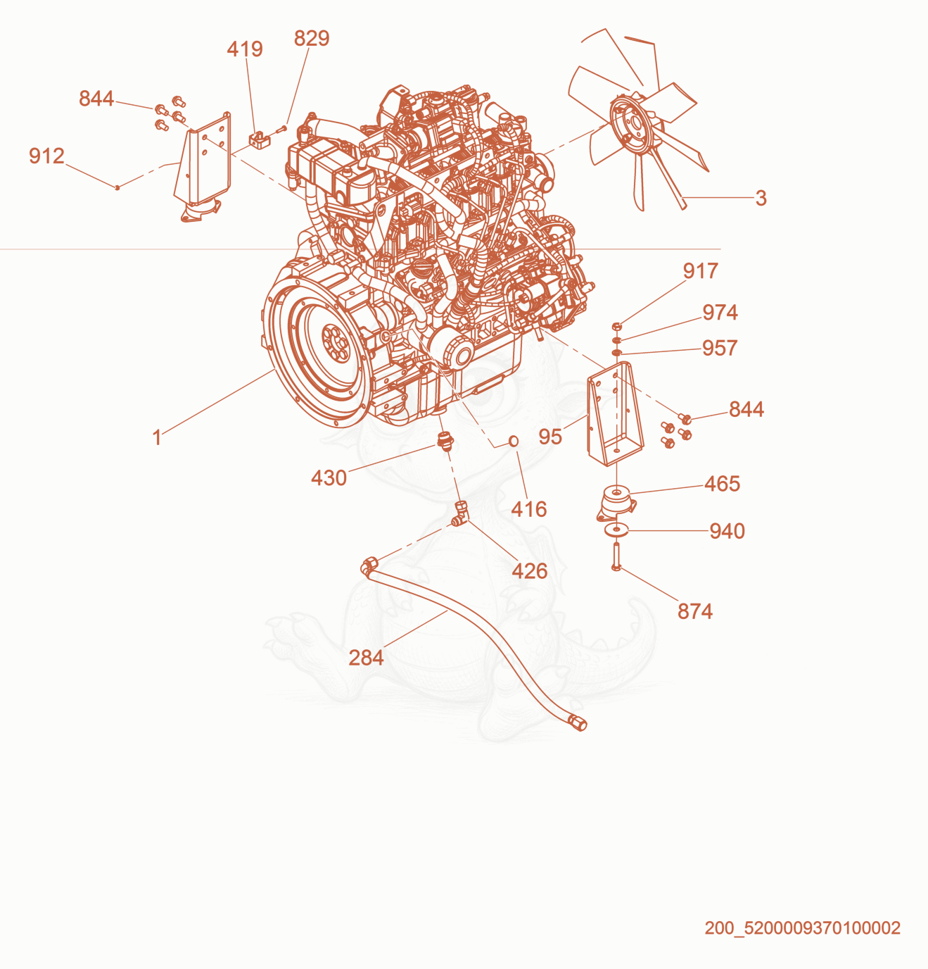 Despiece del Engine cpl. de una máquina Wacker Neuson G25, con globos numerados