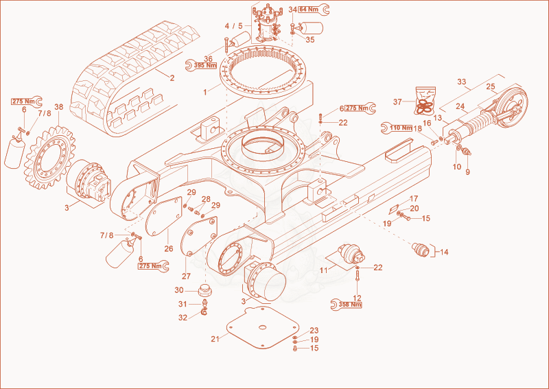 Exploded parts diagram of the undercarriage of a Wacker Neuson 12002RD, with numbered balloons