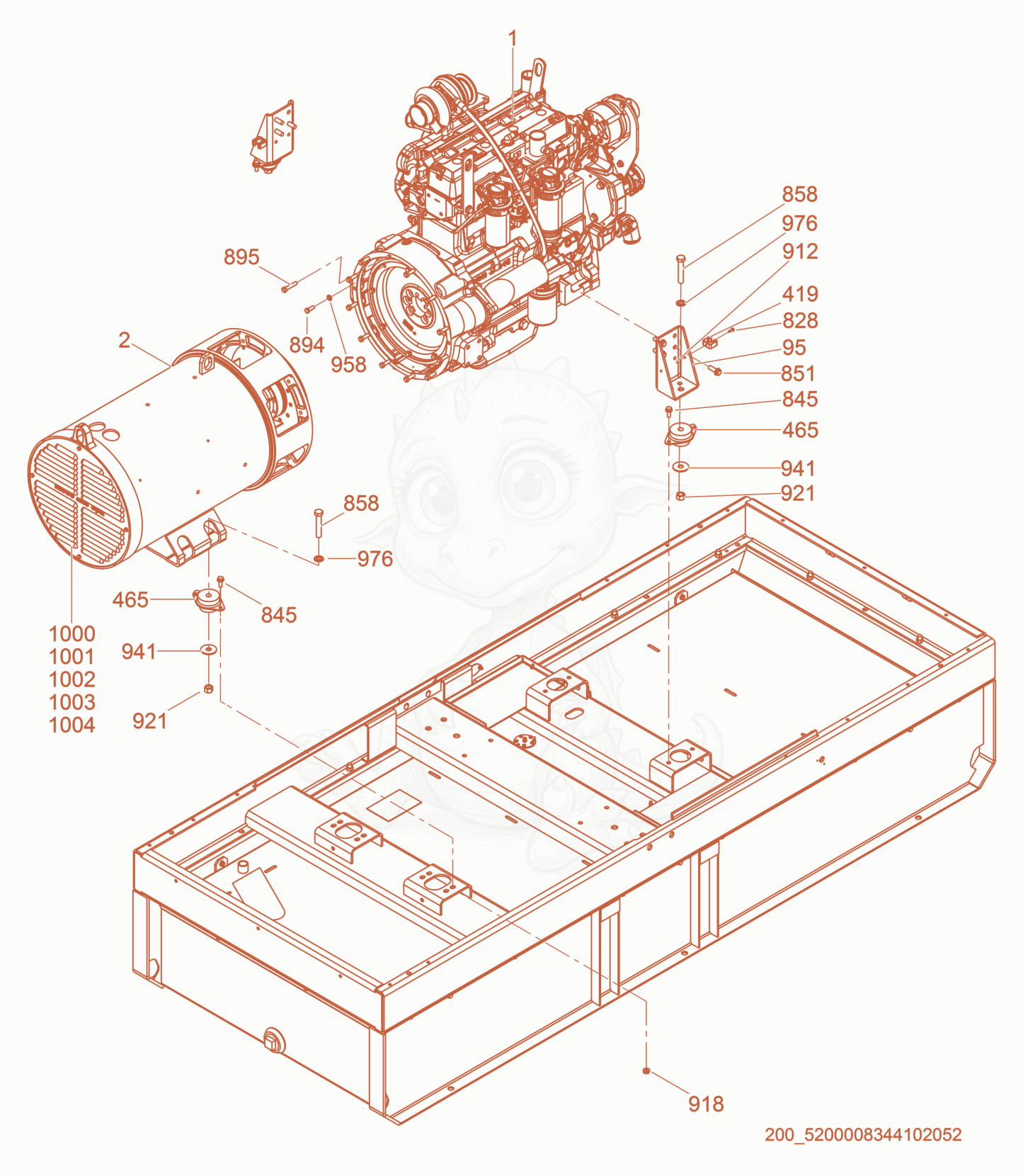 Despiece del Generator/Engine de una máquina Wacker Neuson G100, con globos numerados