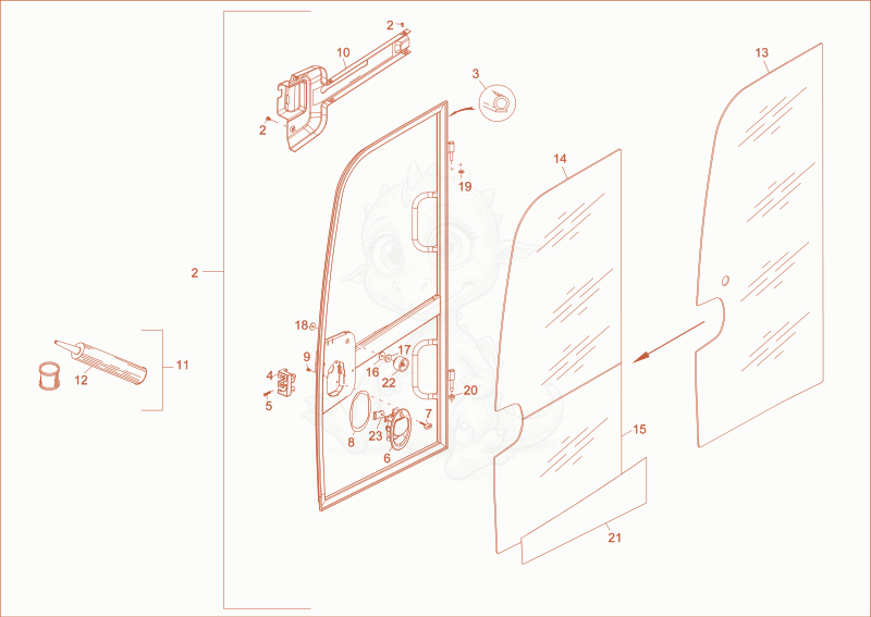 Exploded parts diagram of the door of a Wacker Neuson 14504, with numbered balloons