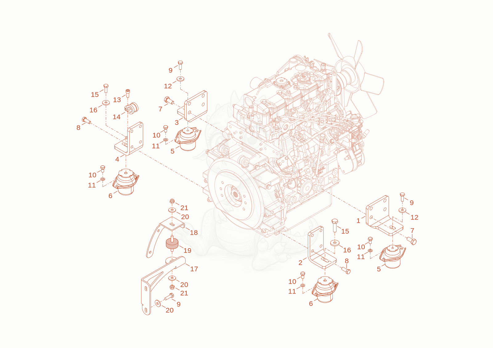 Exploded parts diagram of the Engine bedding of a Wacker Neuson TH522(TL48-01), with numbered balloons