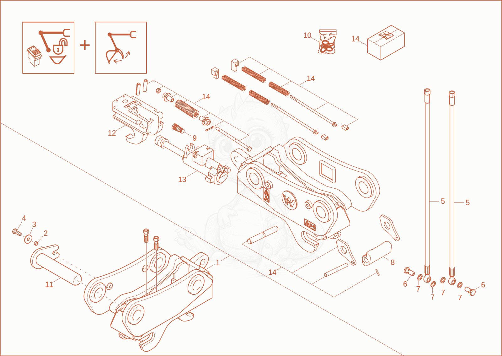 Exploded parts diagram of the quick hitch (option) of a Wacker Neuson EW65, with numbered balloons